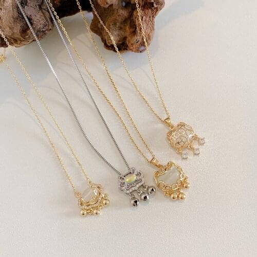 LOVOACC Chinese Style Stainless Steel Auspicious Lock Pendant Necklace for Women Bells Chain Gold Silver Color Necklace Jewelry