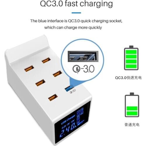 QC3.0 mobile phone fast charger Multi USB port power adapter LED charger intelligent digital display