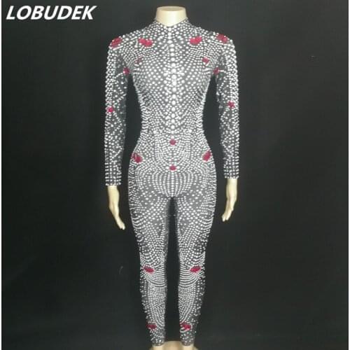 Luxury Pearl Rhinestones Elastic Skinny Jumpsuit Women Birthday Prom Celebration Party Crystals Stones Rompers Singer Stage Wear