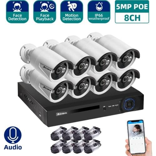 AHCVBIVN H.265 8CH 5.0MP Audio POE IP Camera System Outdoor IR-CUT CCTV Video Surveillance Recorder Kit Face-Recording