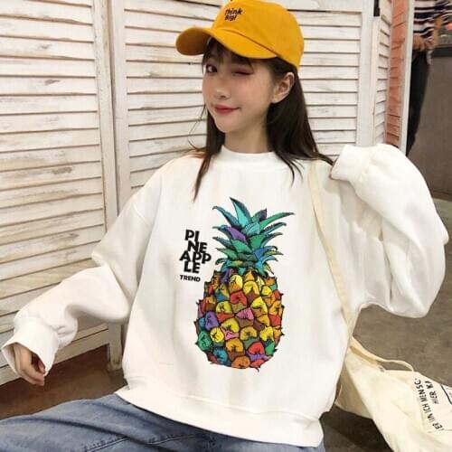 Harajuku Korean Style Kawaii Pineapple Print Sweatshirt White Long-sleeved Fashion Casual Loose O-neck Pattern Pullovers