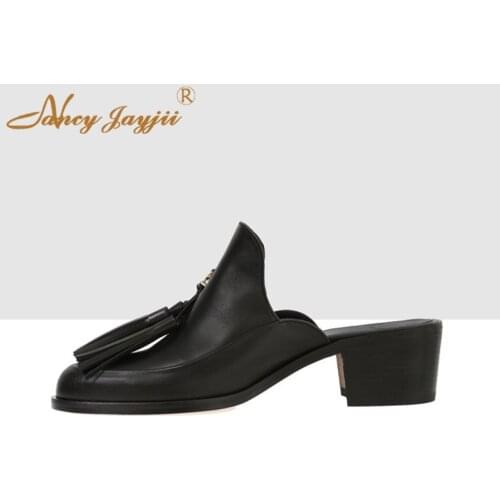 2019 Black&Brown Fringe Round Toe Sandals Woman Shoes Med Chunky Heel Solid Beautyfeet Large Size 10 12 13 Casual Dress Fashion