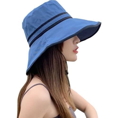 Womens Summer Floppy Wide Brim Sun Hat with Chin Strap Elegant Solid Color Striped UV Protection Visor Travel Beach Cap