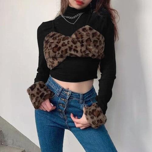Women Shirts Turtleneck Black Long Sleeve Fluffy Leopard Patchwork Top T-shirt Tops Warm Slim Elastic Casual Tops Autumn