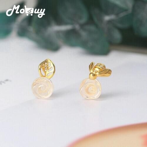 MoBuy Rose & Bee Earrings 925 Silver Earring For Women Rose Quartz Gemstone Stud Earrings 14K Gold Plated Fine Jewelry MBEI120