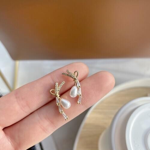 Korea New Design Fashion Jewelry 925 Silver Needle 14K Real Gold Earrings Elegant Bow Pearl Womens Daily Earrings