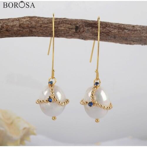 BOROSA Fashion Pearl Drop Earring Gold Plating Zircon Pave Pearl Dangle Earrings for Women Wedding Jewelry Wholesale WX1312-E