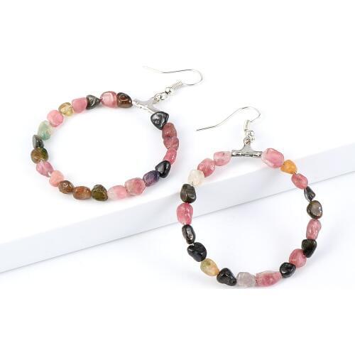 Women Natural Stone Colorful Tourmaline Dangling Earrings Luxury Large Round Circle Hanging Pierced Earring Female Jewelry Gifts