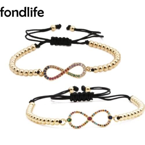 High Quality Cubic Zirconia Crystal Gold-plated Infinity Love Charm Bracelet Women 4mm Copper Beads Rope Brass Chain Jewelry Her