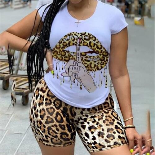 Plus Size Summer Leopard Lips Graphic Harajuku Skinny Womens Sets Y2K Clothes Short Sleeve Tee Tops and Leggings 5XL Sweatsuits