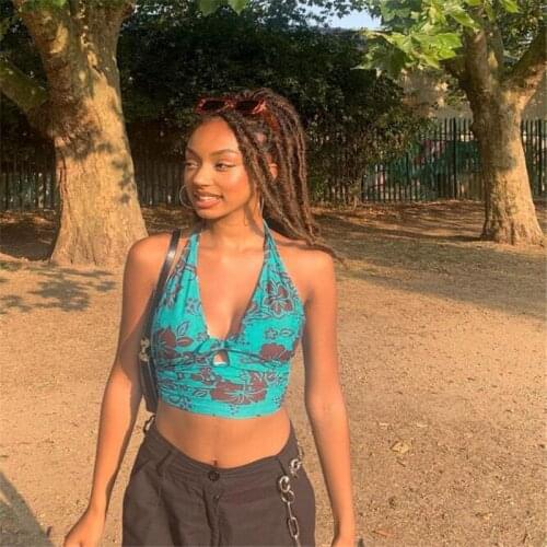 Women Halter Crop Tank Tops Bohemian Sleeveless Backless Floral Print Tie Knot Front Cutout Camisole Summer Vest Streetwear