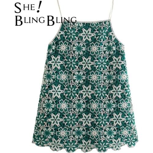 SheBlingBling Za Women Crocheted Floal Hollow Out TiE Back Scallop Hem Sleeveless Thin Strap Casual Summer Mini Beach Tra Dress
