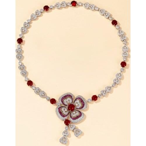 Womens big RED color cubic zircon Geometric Flower pendant necklaces Ladies silver Color Party Jewellery wholesale 2021 Trend