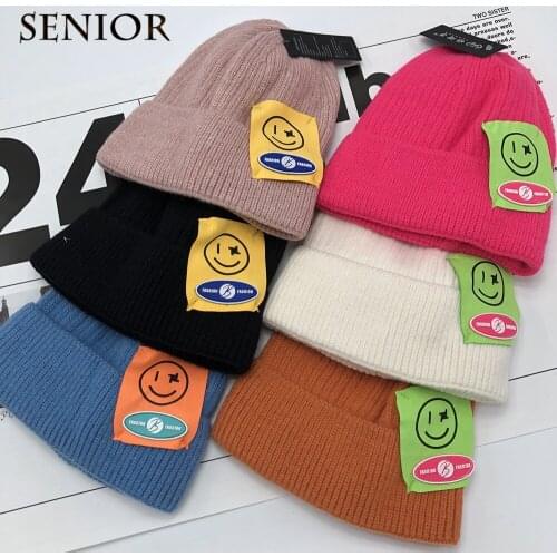 Winter New Style 2021 Couple Knitted Hat Candy Color Smiley Fashion Cotton Warm Women Beanie Hat Street Trend Mens Hip Hop Hat