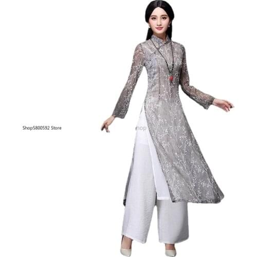 2021 aodai vietnam cheongsam qi pao chinese dress for women traditional cotton linen floral elegant ao dai dress oriental qipao