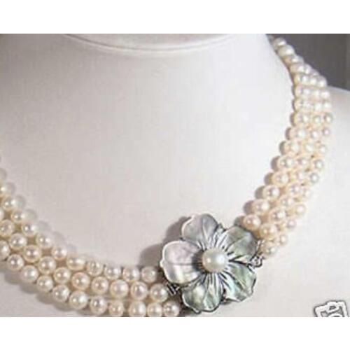 3 Rows 7-8mm White Pearl Necklace Shell Clasp