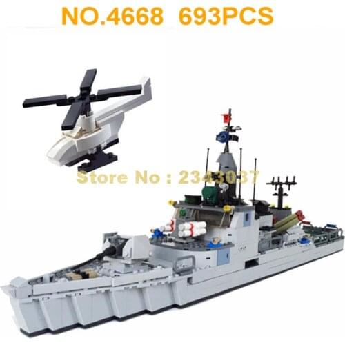 8026 693pcs Military Marine Corps Guided Grand Missile Frigate Helicopter 4 Building Block Toy