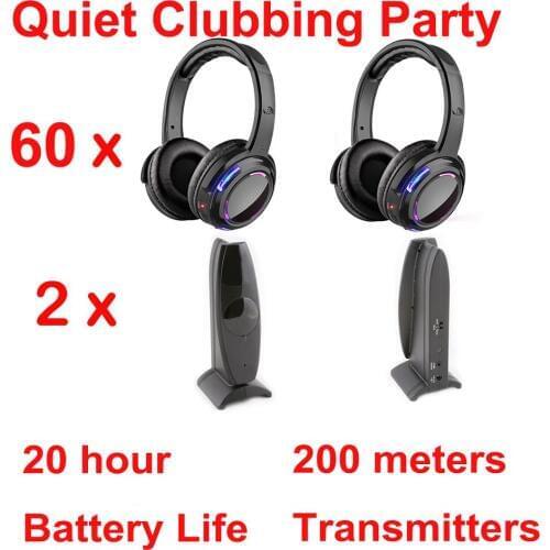 Silent Disco compete system black led wireless headphones - Quiet Clubbing Party Bundle (60 Headphones + 2 Transmitters)
