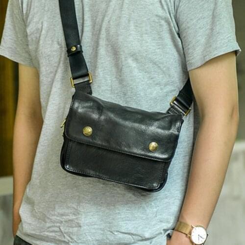 Vegetable tanned leather mobile phone bag mens mini small bag simple messenger cowhide waist bag with one-shoulder leather bag
