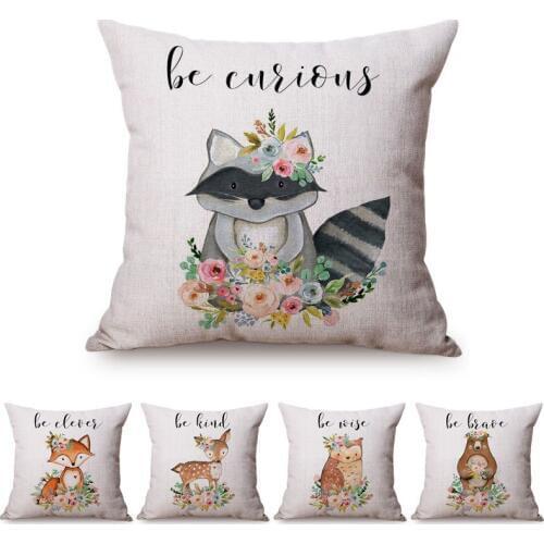 Nordic Water Color Art Cute Animal Pattern Sofa Decorative Throw Pillow Case Fox Owl Sika Deer Letter Design Linen Cushion Cover