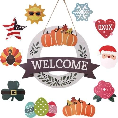 Wooden Pumpkin Front Door Ornament DIY Seasonal Welcome Sign With Interchangeable Pieces For Home Office Wall Hanging Capable
