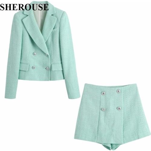 2021 New Women Two Pieces Set Tweed Texture Blazers and Shorts Suit Fashion Casual Chic Lady Outfits Women Blazers & Shorts suit