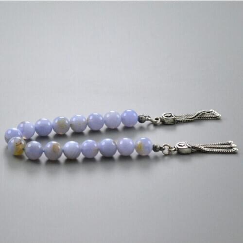 Lila Aquamarine Stress Chain Polshak Mascot Rosary Globe Cut 7 mm. 925 Sterling Silver Embellished