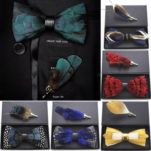 Ricnais Natural Bird Feather Brooch bow tie set Exquisite handmade Bowtie Set For Mens Bridegroom Accessories With Box Gift Bule