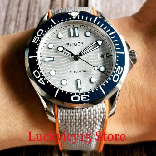 BLIGER Silver 41mm Selfwinding Men Watch NH35A Glass Band Rubber Band Luminous Index Sapphire Crystal Screw Crown