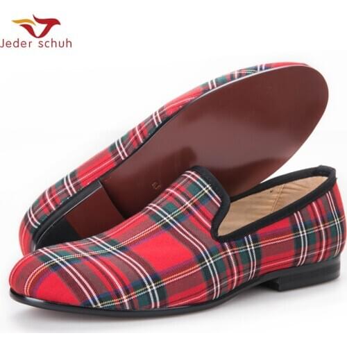 Scotch Plaids Fabric Men Shoes Men Red And Blue Casual Loafers Men Flats Size Us 6-17 Free Shipping