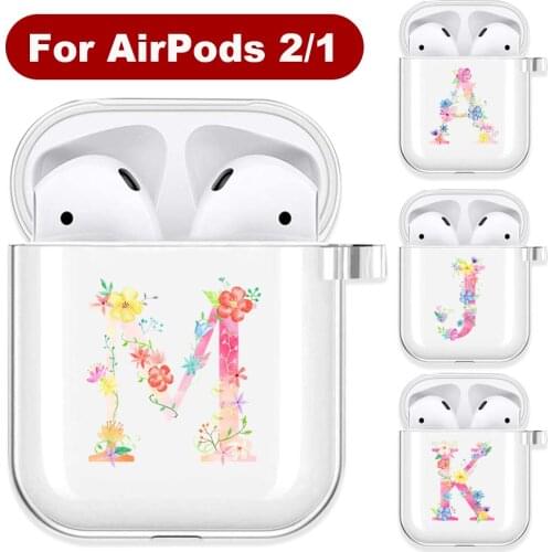 Pink Flower Alphabet Initial Letter Soft TPU Case for AirPods 2 1 A-Z Transparent Silicone Wireless Bluetooth Earphone Box Cover