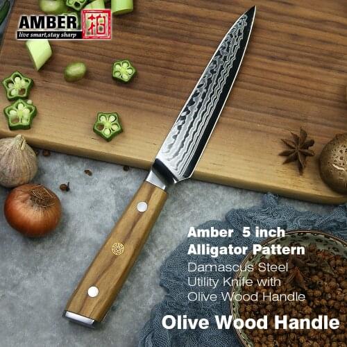 Amber 5 inch Utility Knife 37 Layers AUS10V Damascus Knife Natural Olive Wood Handle Kitchen Knives Alligator Pattern