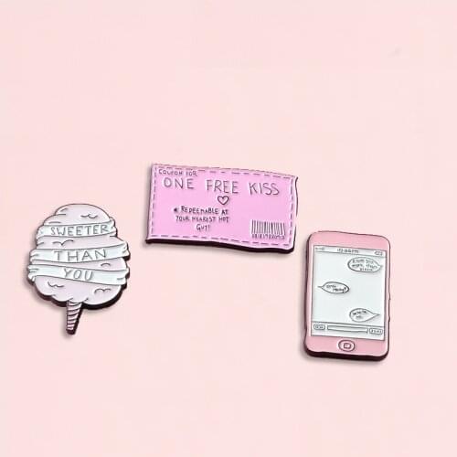 ONE FREE KISS Ticket Sweeter Candyfloss Enamel Pins Badges Brooches Lapel pin Denim Shirt Collar Sweet Pink Love Jewelry Gift