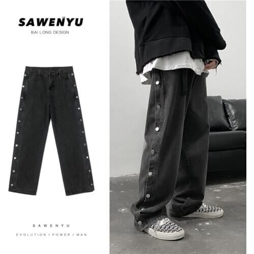 Double Side Button Straight Jeans Men Fashion Streetwear Loose Casual Hip Hop Trousers Wide Leg Harajuku Cargo Pants