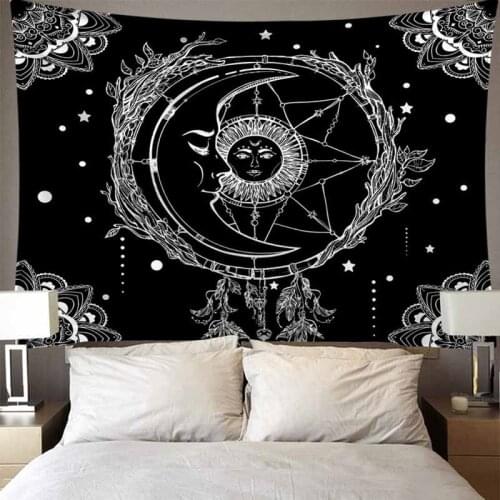 Psychedelic Space Mountain Sun and Moon Tapestry Wall Hanging Retro Black White Thin Wall Art Cloth Hippie Tapestry Wall Carpet