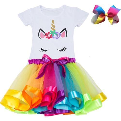 Free Bow Clip Unicorn Clothing Sets Kids 2pcs Outfits Unicorn Shirt+Colorful tutu Skirt Princess Halloween Party Fancy Clothing