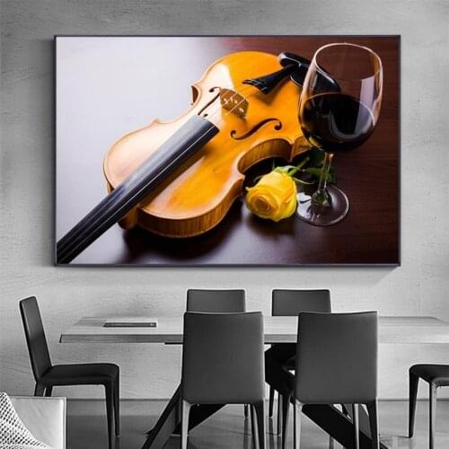 Modern Wall Art Decorative Canvas Prints Romantic Violin Rose And Red Wine Canvas Art Paintings Realist Picture For Kitchen Room