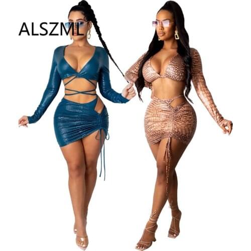 Deep V Neck Long Sleeve Crop Top And Hot Short 2 Pieces Set Sexy Tight Club Party Lady Fashion Women Tracksuits