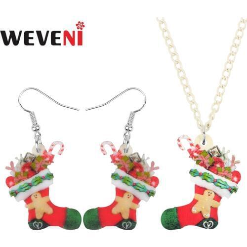 WEVENI Acrylic Christmas Sock Gift Box Cane Jewelry Sets Necklace Earrings Festival Decorations Jewelry For Women Girl Teen Gift