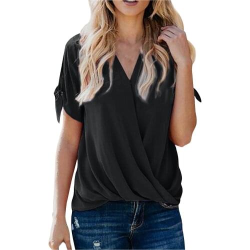 Blouse Women Harajuku Tops And Blouses Womens Short Sleeve Hollowing Out V-neck Solid Blouse Tops With Bow Vetement Femme 2021