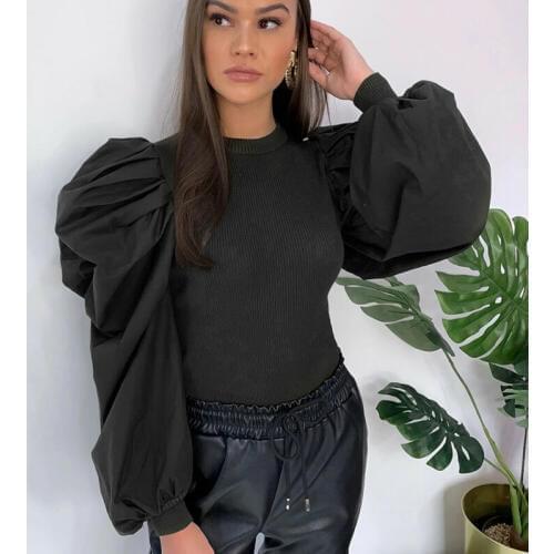 Puff Long Sleeve Ribbed Knitted Shirt Women Spring Winter O Neck Slim Fit Blouse Elegant Solid Streetwear Tops Ladies Pullover
