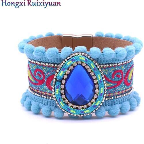 Leather bracelet blue crystal stone bracelets for women bohemian European retro pattern charm magnetic buckle bracelet jewelry