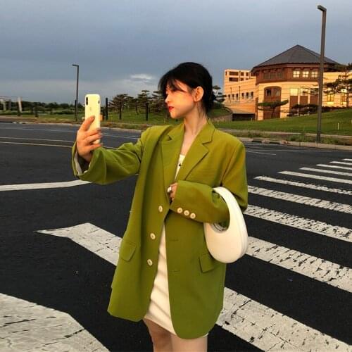 Spring And Autumn Womens Casual Solid Color Blazer Single-breasted Pocket Decoration Loose Casual Green Suit Coat Kurtka Damska