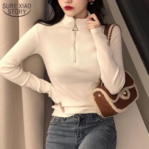 Autumn Winter Korean Style Long Sleeve Sweater Women Turtleneck Zipper Sweater Knitted Pullover Slim Fit Office Lady Style 11043