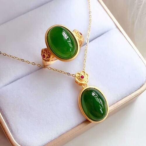 VINTAGE LUXURY GREEN JADE EMERALD GEMSTONES ZIRCON DIAMONDS PENDANT NECKLACES &RINGS FOR WOMEN 18K GOLD COLOR JEWELRY SETS GIFTS