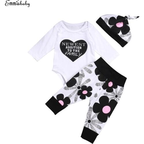 2017 Autumn Newborn Toddler Infant Baby Boys Girls Cotton Long Sleeve Tops Bodysuit Pants Hat Outfits 3PCS Set Clothes 0-18M