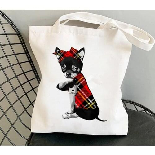 2021 Shopper Plaid Bandanas Chihuahua I LOVE MOM Printed Tote Bag women shopper handbag girl Shoulder shopping Lady Canvas Bag