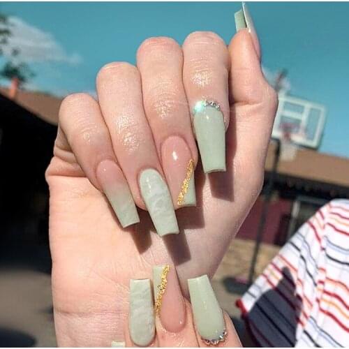 24Pcs False Nails Green Pink with Rhinestone Designs Long Coffin Ballerina Fake Nails Press On Nail Artificial Nail Art Tips