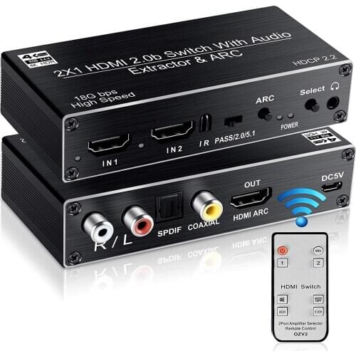 4K@60HZ New 2*1 HDMI Switch 2 Ports 2 in 1 out with ARC Toslink Coaxial L/R 3.5mm