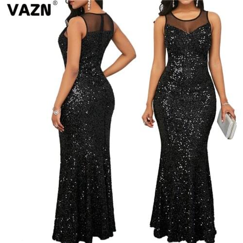 VAZN Black Sleeveless Lace Splice Bodycon Dress 2020 New Fashion Tied Casual Night Party Long Dress Sexy Sequin Slim Floor Dress
